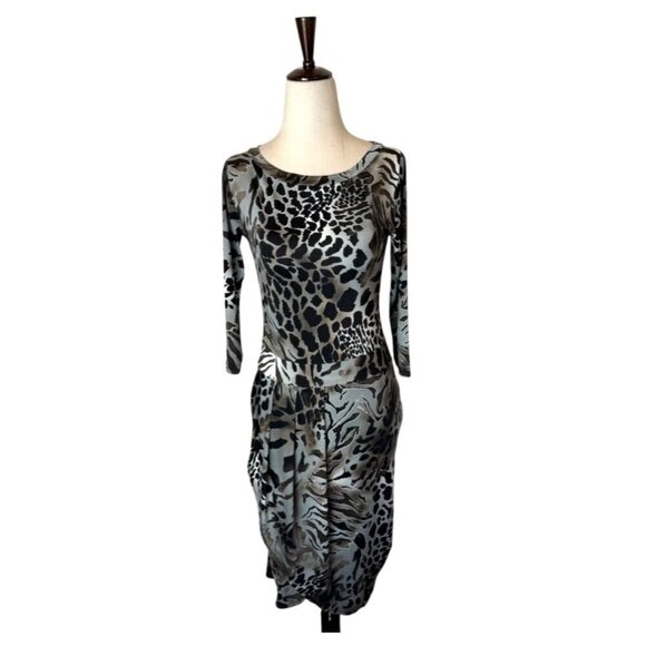 Giorgio Armani Dress Women XS Silver Black Jersey Knit Leopard Animal Print Mini - Picture 1 of 9